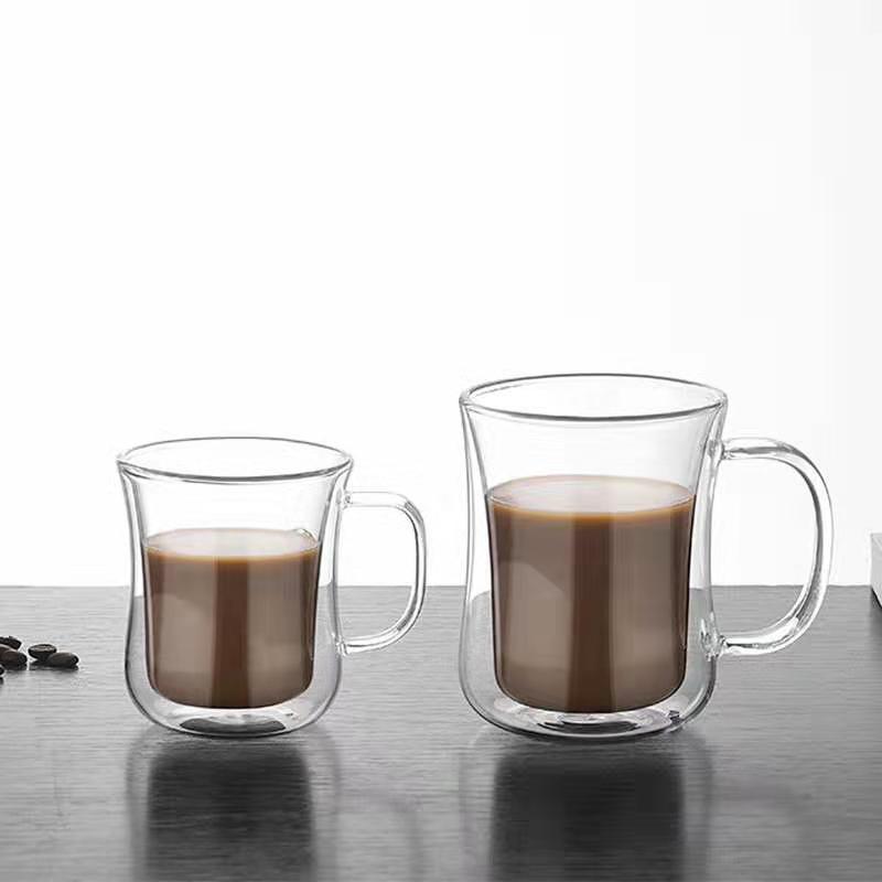 Hogar borosilicato doble capa taza de agua de vidrio con mango transparente taza de café taza de jugo de leche taza de té