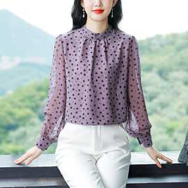 正品牌春季真丝雪纺衬衫女士长袖衬衣时尚波点气质减龄妈妈装体恤