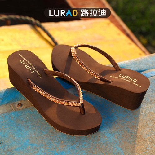 Ladies Summer High Heel Water Brick Anti-Slip Sandals Thick Sole Incline Heel Fashion Plain Color Slippers Wholesale