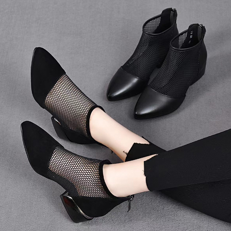 Sandal lưới da thật nữ mũi nhọn gót thấp phong cách La Mã — Da Bò Lớp đầu trên