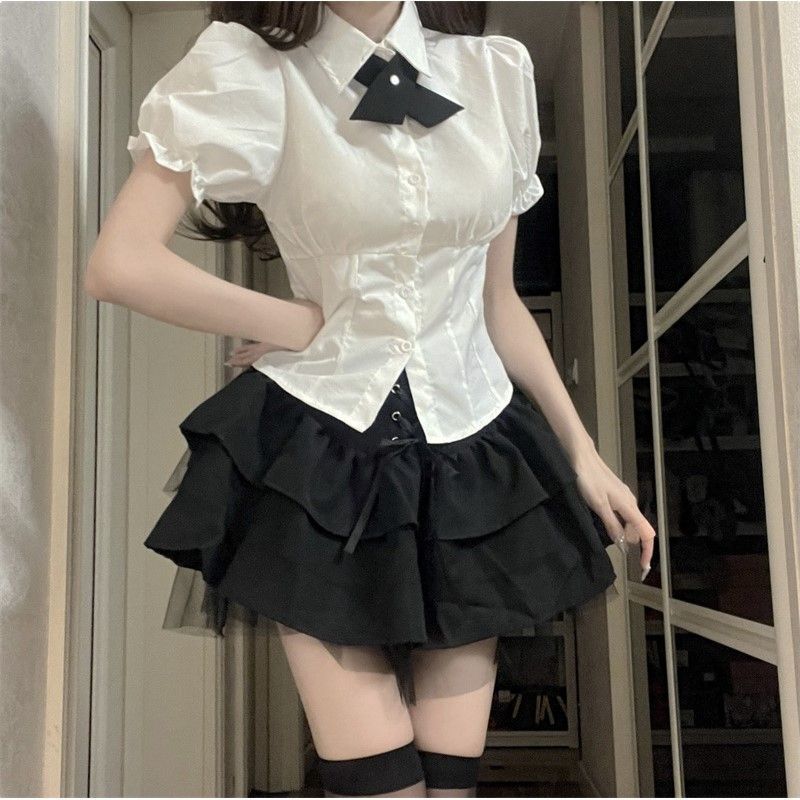 Set of College-Style Japanese Jk Uniforms for Women, Waist-Cinching Slimming Puff-Sleeve Shirt Top, High-Waisted Puffy Cake Skirt Set of College-Style Japanese Jk Uniforms for Women, Waist-Cinching Slimming Puff-Sleeve Shirt Top, High-Waisted Puffy Cake Skirt