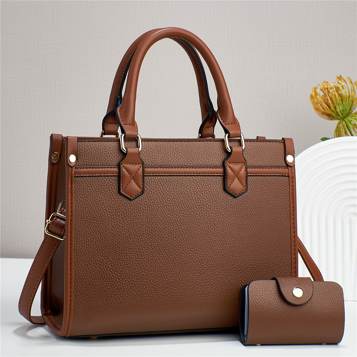 Large Size Women's Large Pu Leather Solid Color Classic Style Streetwear Sewing Thread Square Zipper Bag Sets