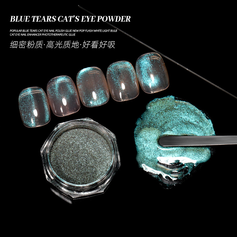 Explosión de la red azul de uñas lágrimas ojo de gato espejo mágico en polvo 2025, nueva pequeña bombilla azul perlas de vidrio al por mayor