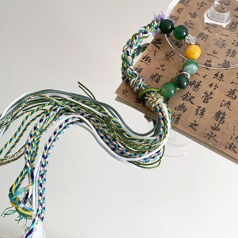 Bracelet Design Ethnic Green Agate Antique Handmade Pull Bracelet Woven Bracelet Vintage Trendy Beaded Handstring