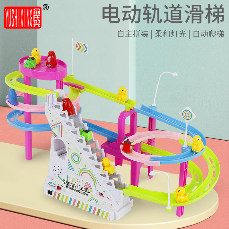 Factory Direct Sale New Glow-in-the-Dark Fluorescent Children's Educational Building Stair Climbing Parent-Child Electric Track Toy Car 3456