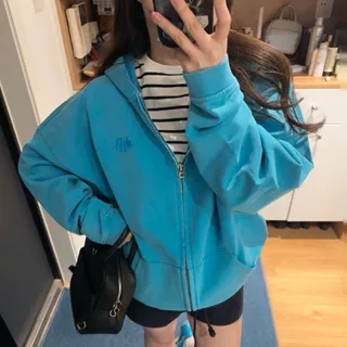 美式湖蓝色字母刺绣连帽开衫卫衣女秋冬2026新款韩系慵懒拉链外套