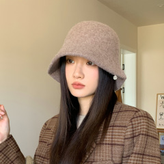 新款羊毛渔夫帽子女秋冬季洋气保暖素颜水桶帽显脸小气质纯色盆帽