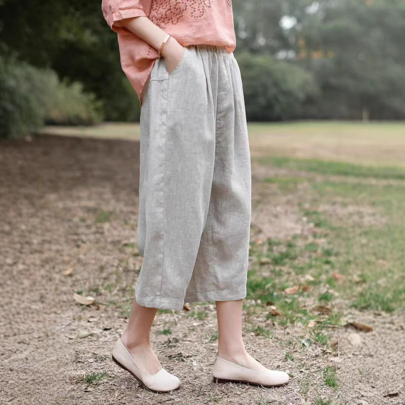 2026 Summer New Style Linen Pants Large Size Loose Slimming Elastic Waist Simple Solid Color Casual Cropped Pants for Women 501 2026 Summer New Style Linen Pants Large Size Loose Slimming Elastic Waist Simple Solid Color Casual Cropped Pants for Women 501