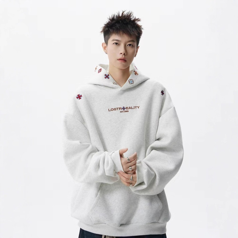 Ethnic Style Embroidered Hooded Sweatshirt for Men in Spring and Autum Heavy High Street American Silhouette Retro Sports Hoodie Jacket Trendy