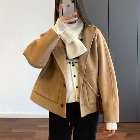 Handmade double-sided woolen coat loose hooded short pure wool coat Women's Small autumn and winter New