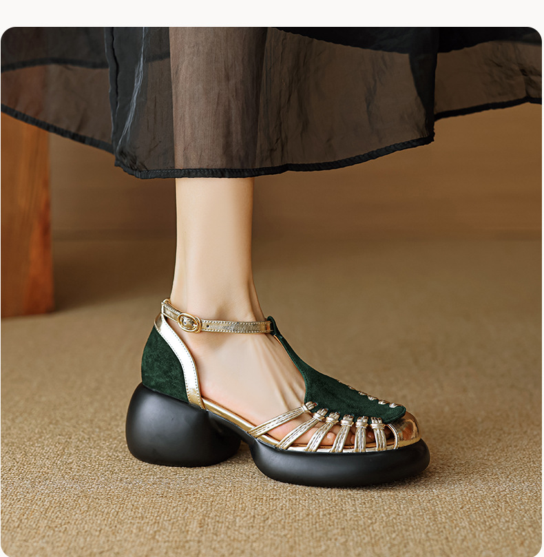Sandal nữ quai ngang dệt mảnh da lộn, gót vuông ổn định, đế dày ghép màu — Màu đen chi tiết 10