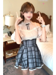 甜美蕾丝拼接蝴蝶结上衣+收腰格纹两件套女夏季新款约会套装