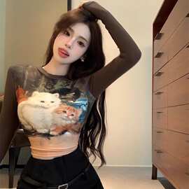 跨境工厂欧美短款打底衫上衣复古辣妹猫咪印花长袖T恤女春夏修身