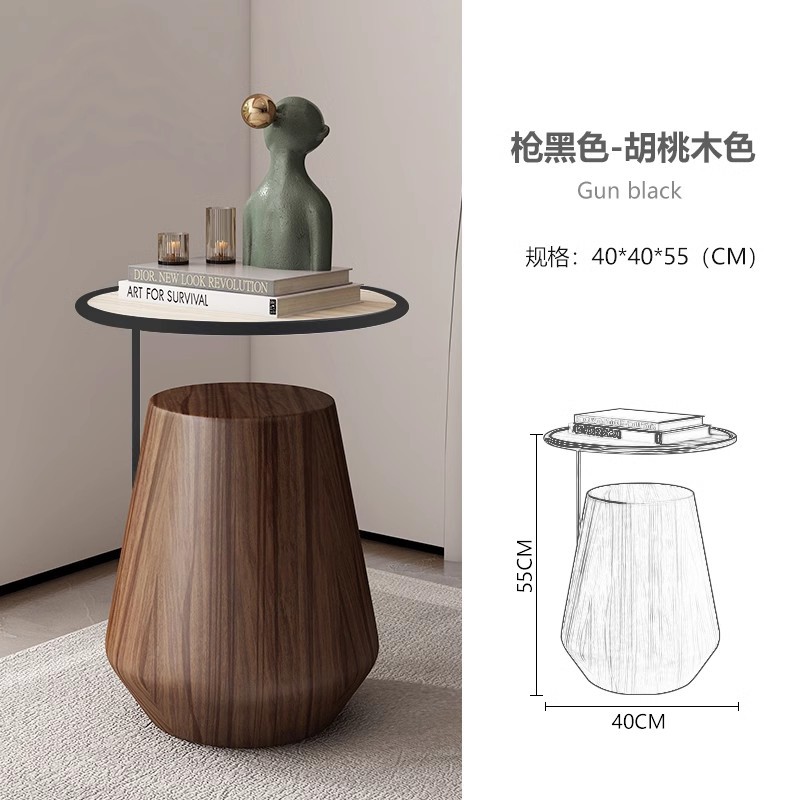 Mesa lateral de losa de roca de lujo ligero, sofá de sala de estar, esquina móvil redonda minimalista, diseño de cabecera, mesa de centro pequeña de nogal