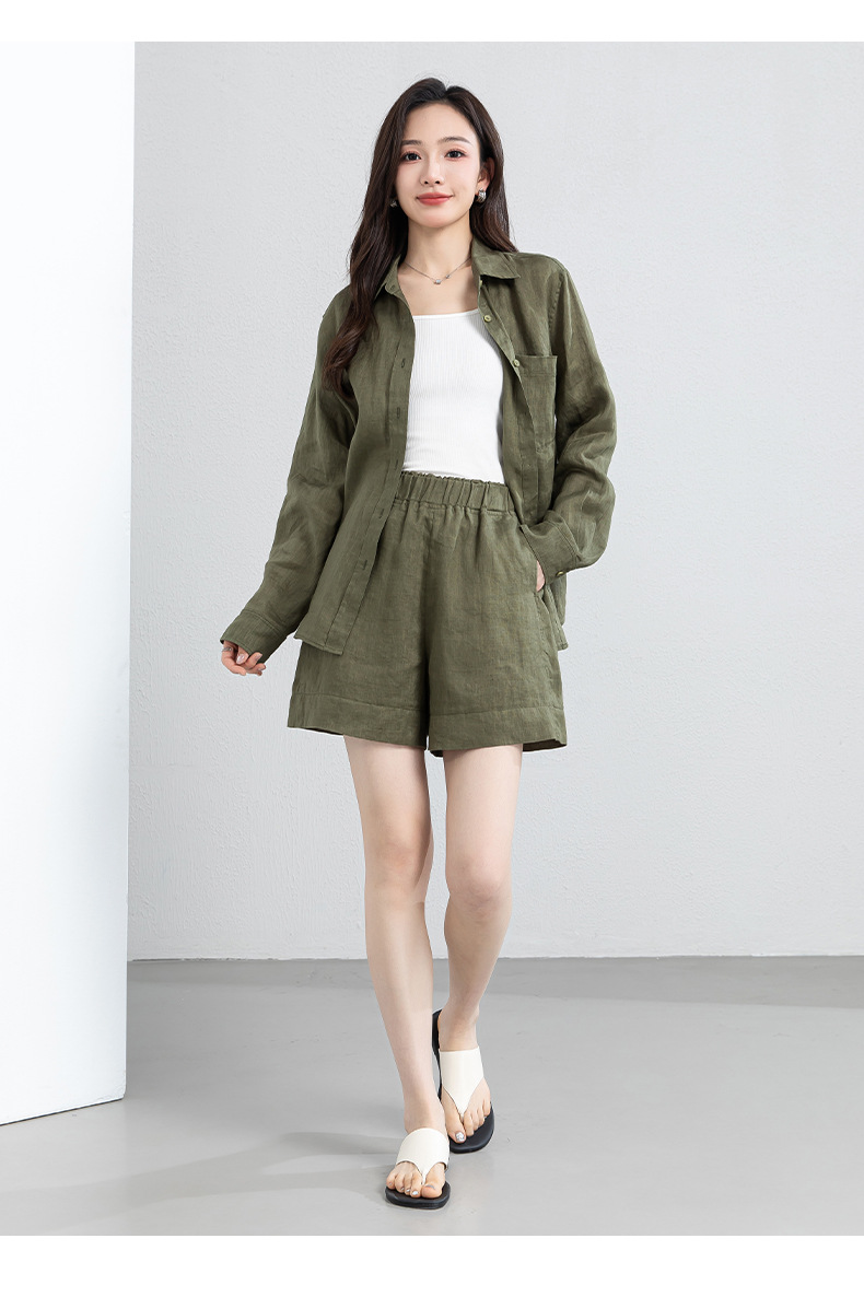 Bộ đồ linen nữ mùa hè áo sơ mi phối quần short dáng rộng — Quần short - 86185 ngày xanh chi tiết 29