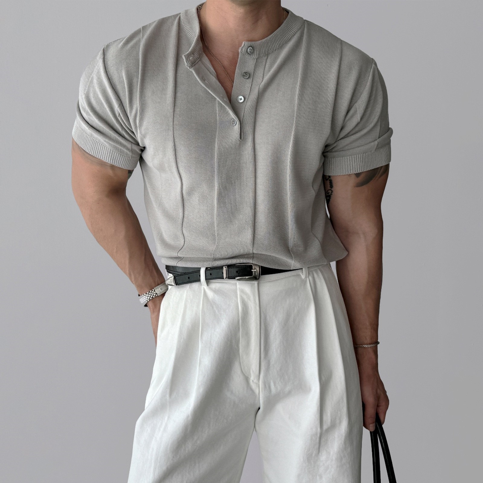 Henry Collar Knitted Short-Sleeved T-Shirt for Men 2025 Summer Korean Style Light Mature Style Fitness Elastic Versatile T-Shirt Top