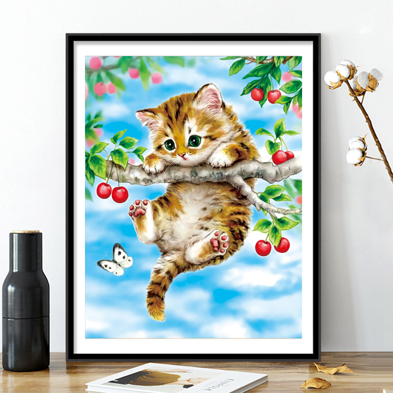 Foreign trade cross-border wholesale cross stitch cherry kittens cartoon animal decoration cute children's room embroidery small pieces