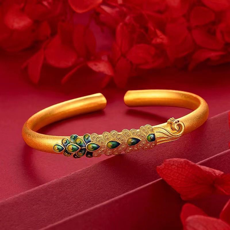 Brazalete de estilo de estilo chino chapado en oro, antiguo método rico y noble quemado pulsera azul Peacock brazalete de apertura de pulsera de mujer temperamento universal