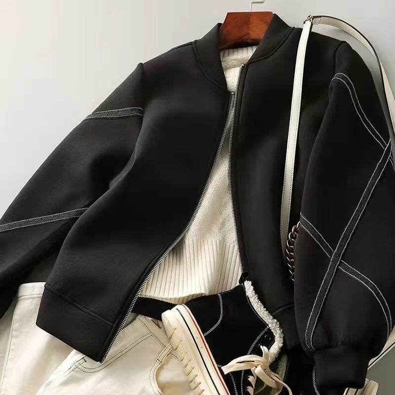 Hong Kong style baseball jacket, black coat for women, plus size slimming women's clothing, 2026 autumn new cardigan zipper jacket Hong Kong style baseball jacket, black coat for women, plus size slimming women's clothing, 2026 autumn new cardigan zipper jacket
