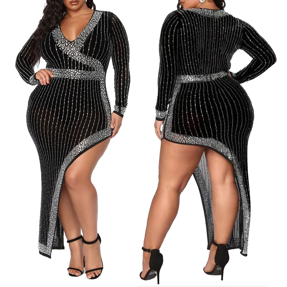 Rhinestone V-Neck Irregular High Slit Plus Size Dress NSCYF80212