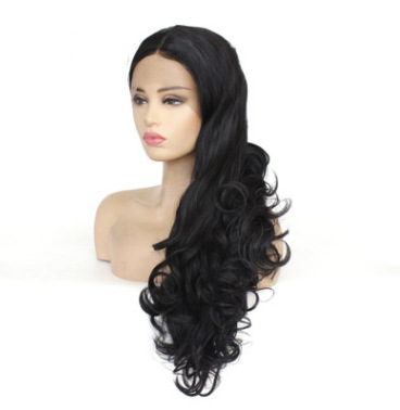 Funda de peluca de seda de alta temperatura de fibra química estilo de moda europeo y americano negro ondulado cabello largo y rizado encaje delantero LW0281