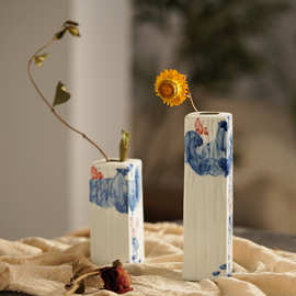 景德镇手绘青花陶瓷插花花瓶茶桌书房禅意新中式文艺复古摆件