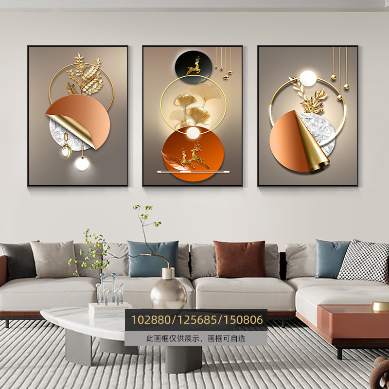 Pintura de decoración de la sala de estar moderna de lujo ligera Fukuyan atmósfera tripartita mural significa un buen fondo de sofá pintura colgante de pared