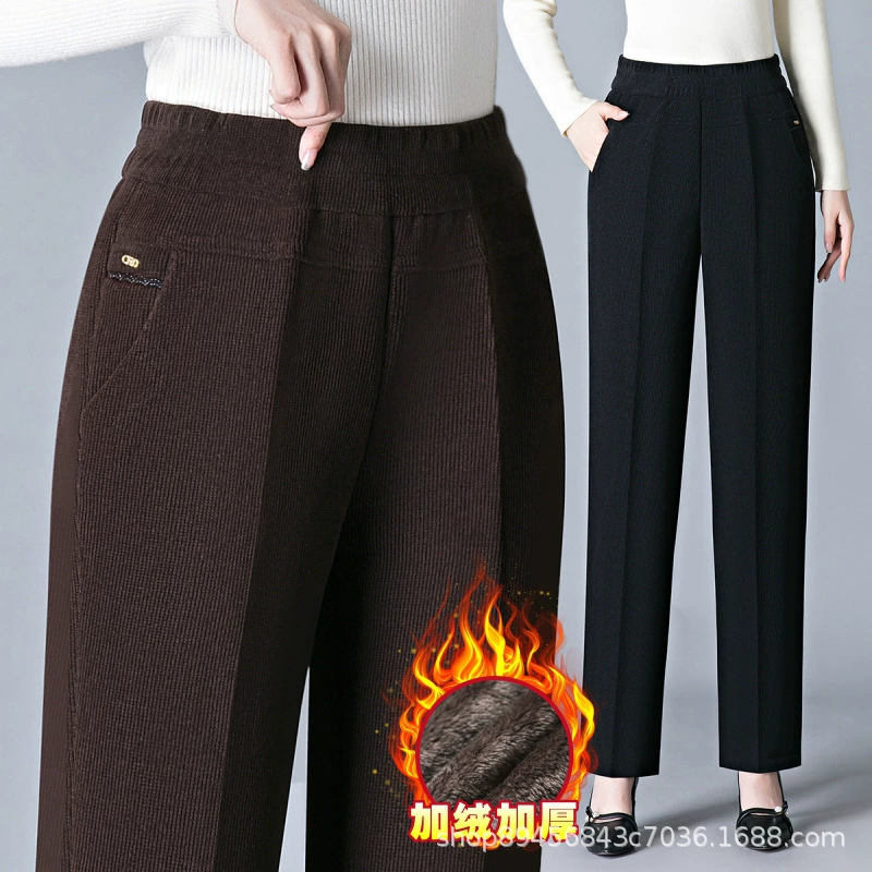 Брюки для мам с высокой талией, зимние утолщенные брюки на флисовой подкладке для среднего и пожилого возраста, осенне-зимняя одежда, внешние брюки с эластичной талией, новые женские брюки