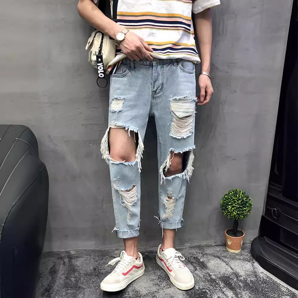 Spring and Summer Big Ripped Nine-point Jeans Men's Loose Beggar Straight Trendy Brand Thin Couple Looped Nine-point Pants