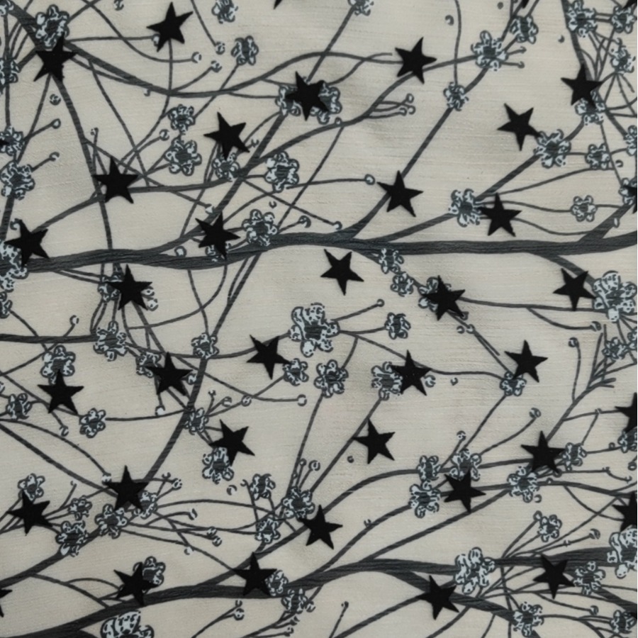 【】Pentagram black flocked silk crepe chiffon crinkle digital print…