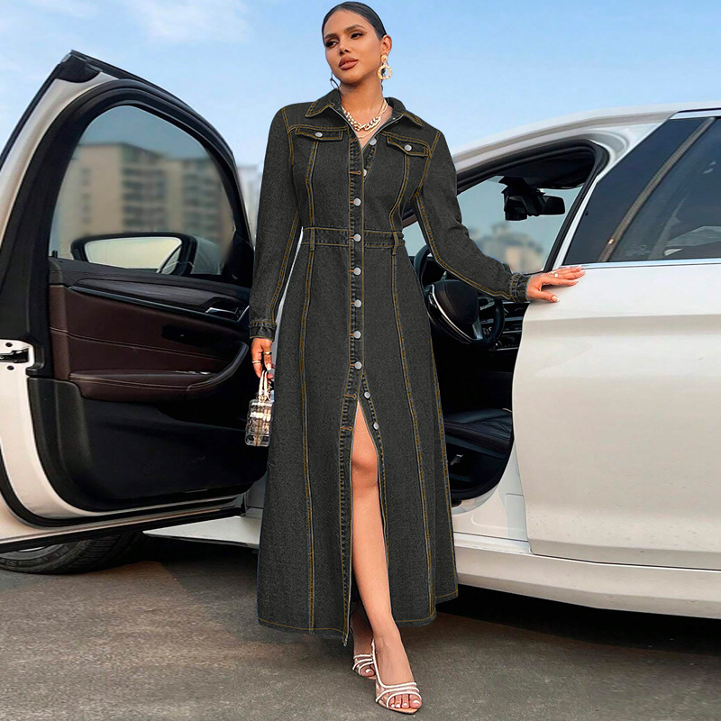 708g Weight Maxi Long Dress Dress Length Type Long Sleeve Sleeve Length Denim Dress Dresses Type Cotton (more than 30%), Denim Fabric Type High Waist Waist Line Holiday, Street Occasion Turndown Neckline Slim Fit Type Solid Color Pattern Spring, Autumn Season Women's Gender Streetwear Style Wholesale Women's Streetwear Solid Color Holiday Street Turndown Long Sleeve Denim Dress 10