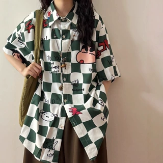 趣味卡通棋盘格短袖衬衫女2026新款夏季宽松BF风情侣海边度假衬衣