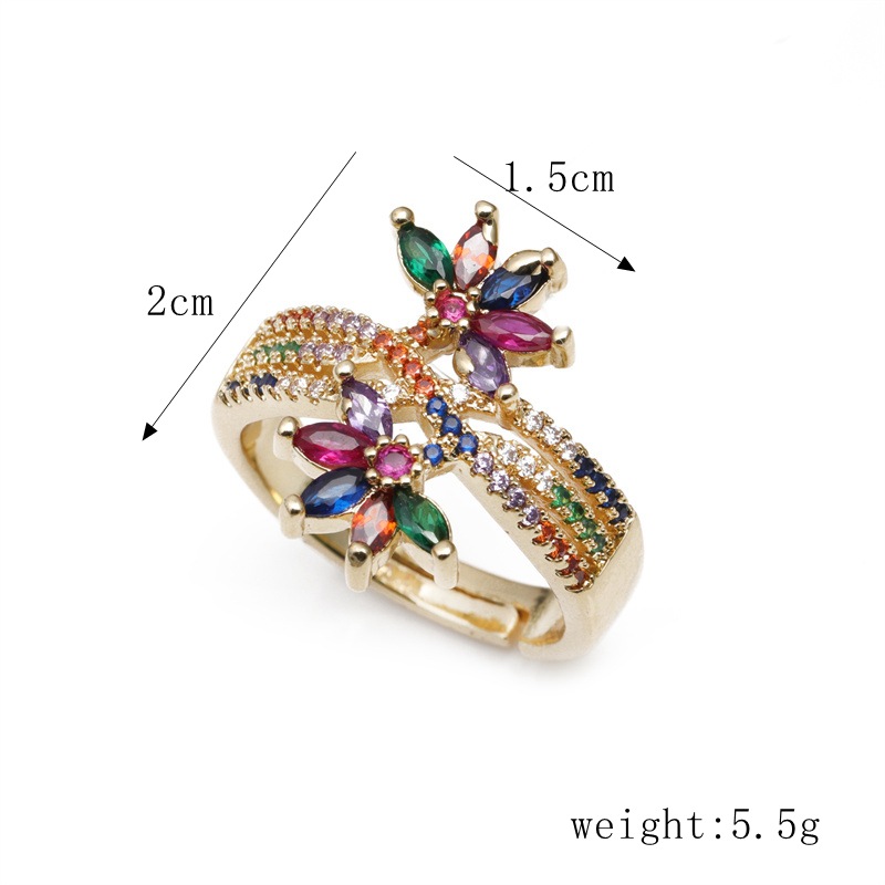 Micro incrusté de zircon en forme de fleur Anneau en cuivre ouvert réglable pour fem