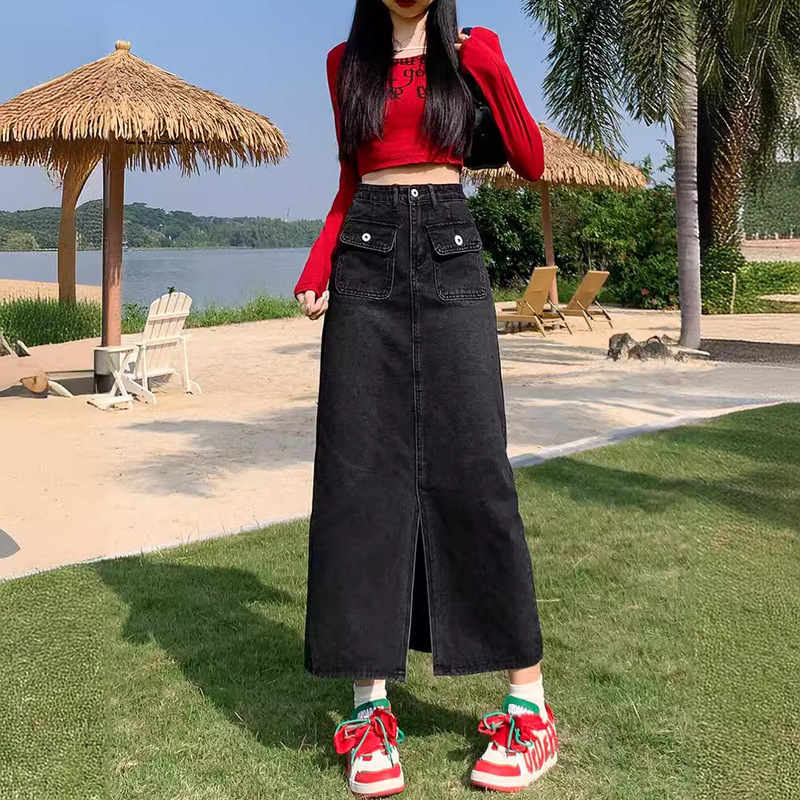 Denim Skirt Women's Spring and Autumn New High Waist Slimming Vintage Mid-length A- line Skirt Split Hip Skirt