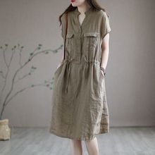 日单清仓亚麻连衣裙女夏短袖收腰显瘦中长款衬衫长裙