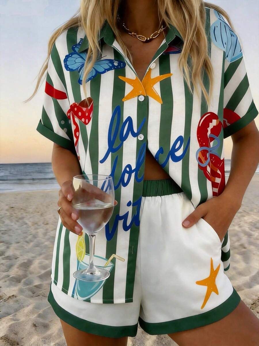 Sommarset med blommig skjorta och shorts för kvinnor_voghion.com