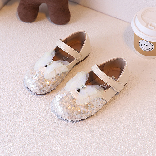 Autumn Korean-style shiny sequin winged shallow mouth poodle shoes with soft soles for girls and children princess single shoes