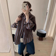 港风新款春秋洋气感撞色百搭条纹衬衫女复古叠穿宽松长袖衬衣2025