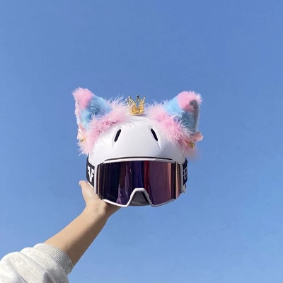 Snow helmet decoration: black and Motosiklet dəbilqələri - no-helmet-blue-eared-pink-tipped-hat-with-bell-pink-feather-gold-crown