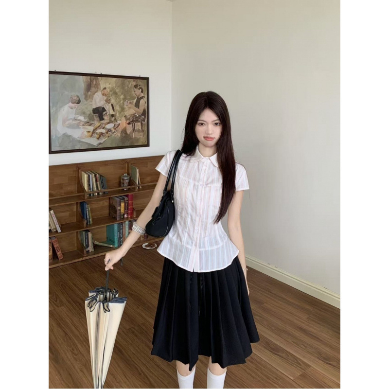 少女感时尚套装女百搭条纹翻领小飞袖短袖衬衫A字日系百褶半身裙|undefined