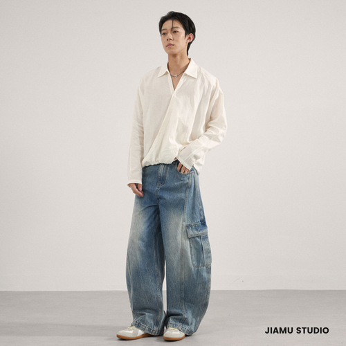 JIAMU American-style multi-pocket water print baggy jeans unisex relaxed wide-leg shears work pants for men and women