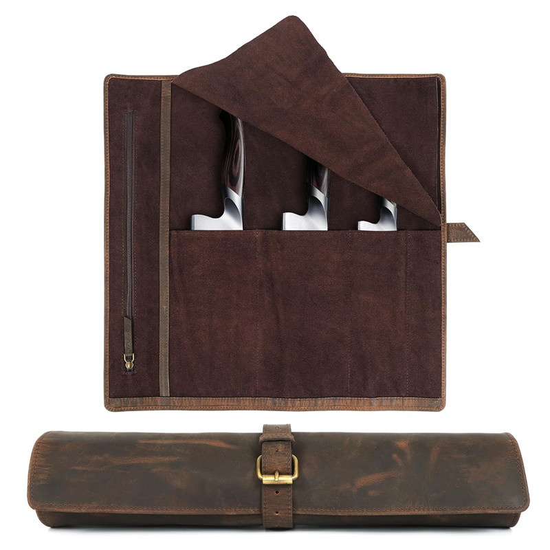 Cross-border European and American leather chef knife bag, vintage crazy horse leather professional knife storage bag, large-capacity knife case
