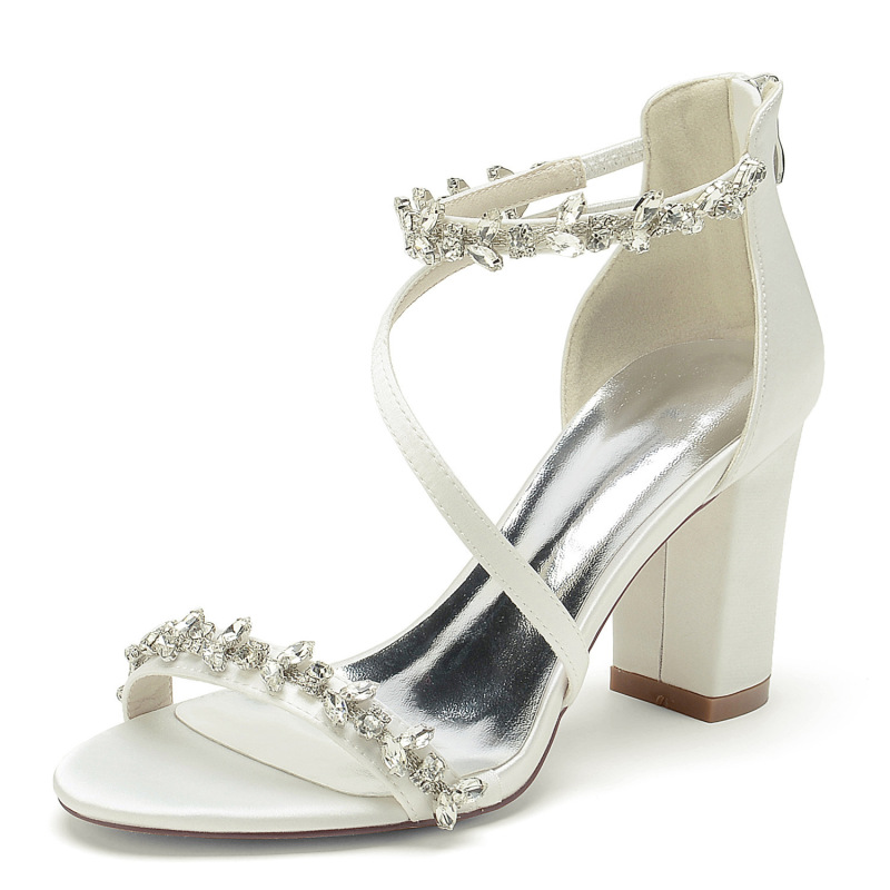 2025 Model Chunky Heel Round Toe Rhinestone Chain Wristband Wedding Sandals Bridesmaid Shoes Bride Shoes Party Shoes 2022-45B