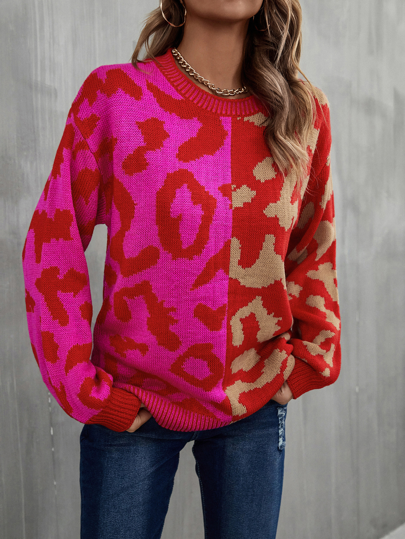 Suéter de Moda Primavera 2025, Estilo Europeo y Americano, Popular, con Estampado de Leopardo, Patchwork, Tejido Mixto