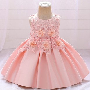 Children's Dress Princess Dress Birthday Satin Dress Lace Decal Flower Children's Dress Little Girl's Performance One-year-old Dress