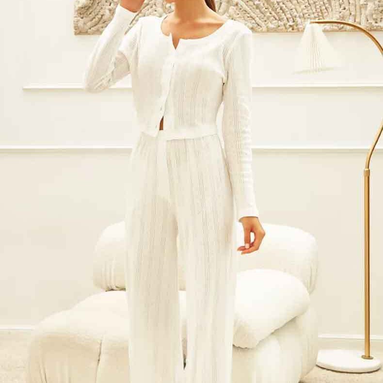 Cross-border New Spring and Autumn Fashion Casual Cardigan Long-sleeved White Hollow-out Knitted Pajamas Loose Outwear Home Clothes Cross-border New Spring and Autumn Fashion Casual Cardigan Long-sleeved White Hollow-out Knitted Pajamas Loose Outwear Home Clothes