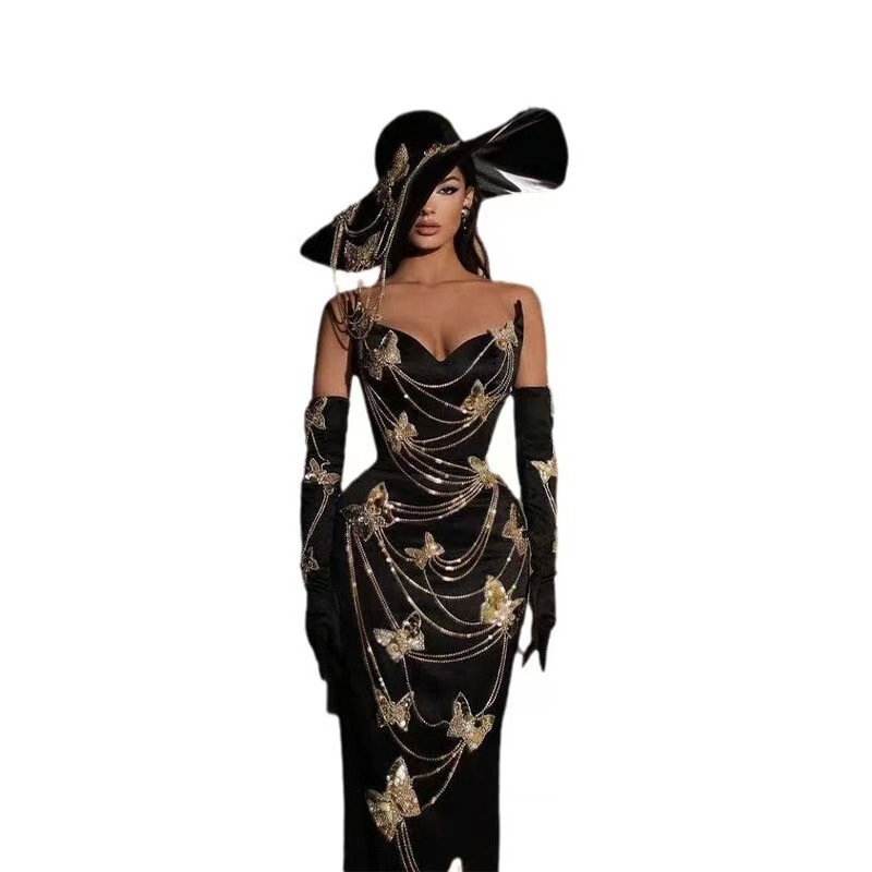 Cross-border Fashion Sleeve Golden Butterfly Rhinestone Chain Black Strapless Dress Sexy Bandage High Goddess Red Carpet Cross-border Fashion Sleeve Golden Butterfly Rhinestone Chain Black Strapless Dress Sexy Bandage High Goddess Red Carpet