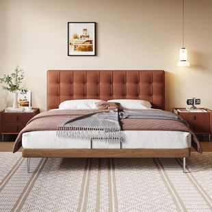 Chenille Fabric Bed Master Bedroom Waffle Retro Solid Wood Soft Bed Three-Proof Fabric Bed Minimalist齐边 Double Bed
