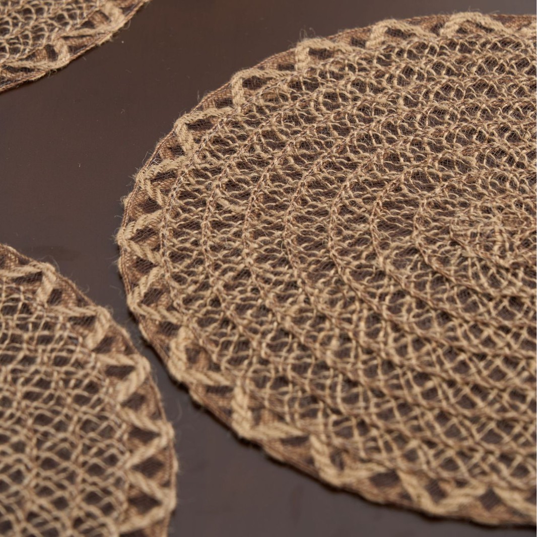 Manteles individuales de lino retro americano, malla tejida, pequeña decoración de cuerda de cáñamo hueca, color café de todo fósforo, almohadillas aislantes, redondas