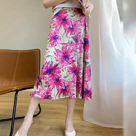 夏季高端缎面印花半身裙女宽松显瘦高腰A字裙外穿大摆真丝长裙